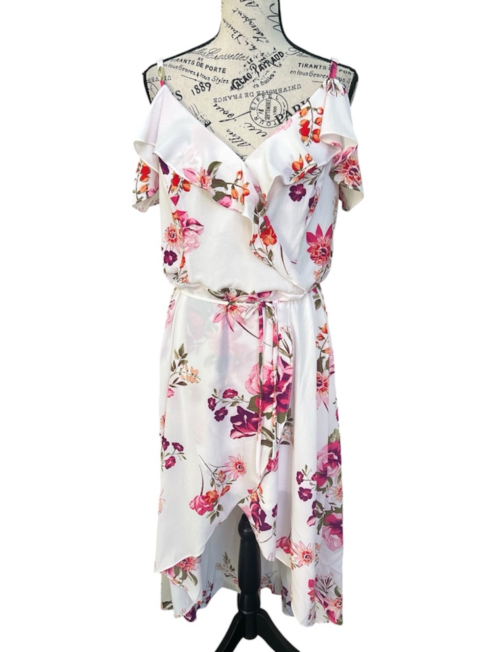 Floral Ruffle Cold-Shoulder Midi Dress - White/Pink